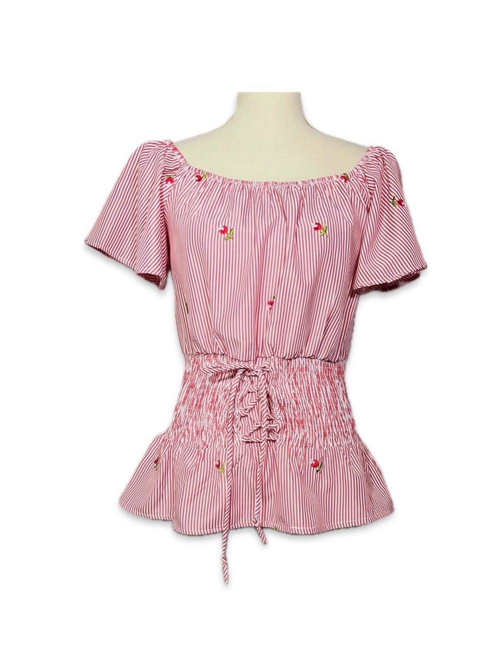 Roommates Red White Striped Smocked Waist Size S Peplum Top Elastic Neckline